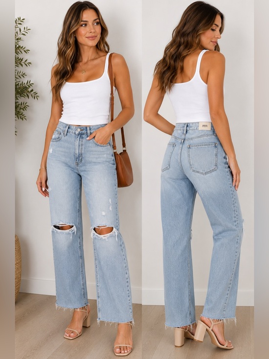 Just Black Denim - JBD Just Black Denim Distressed Relaxed Straight Leg Jeans Raw Hem Light NWT 31